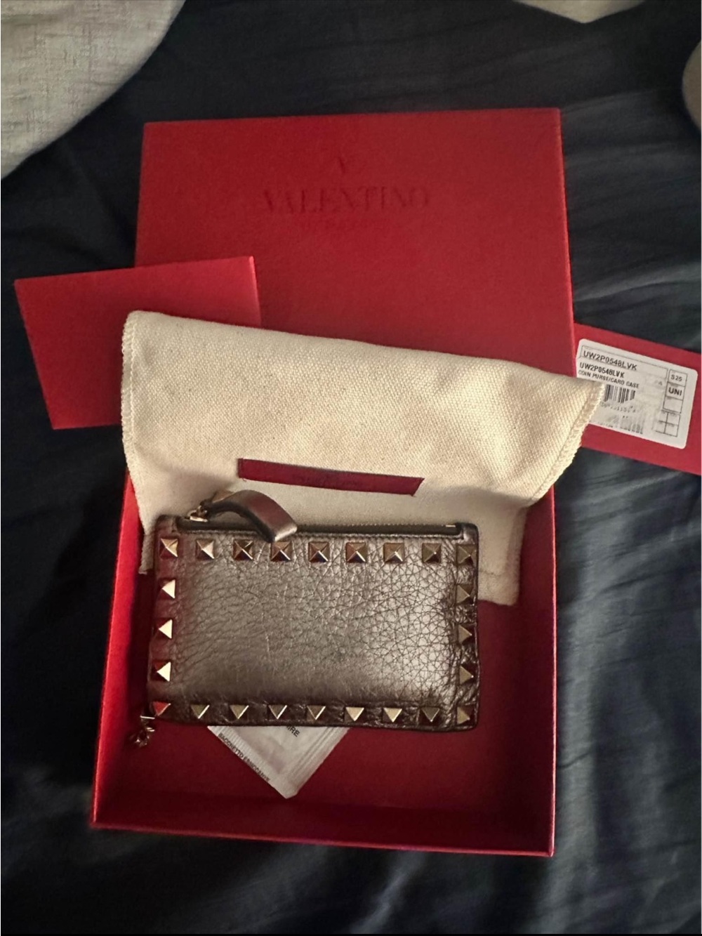 Valentino Metallic Bronze Rockstud Zip Card Holder Wallet ,
